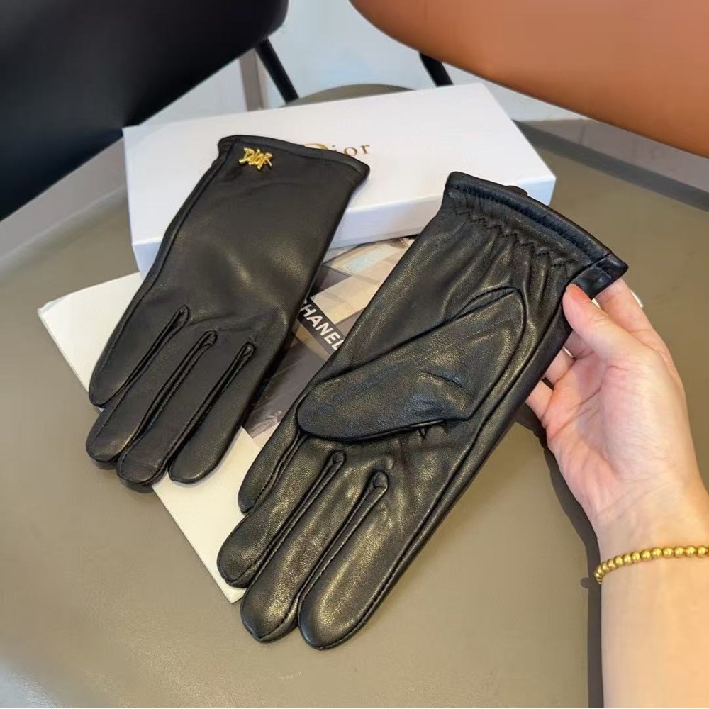 Dior Black Leather Gloves with Gold Accent